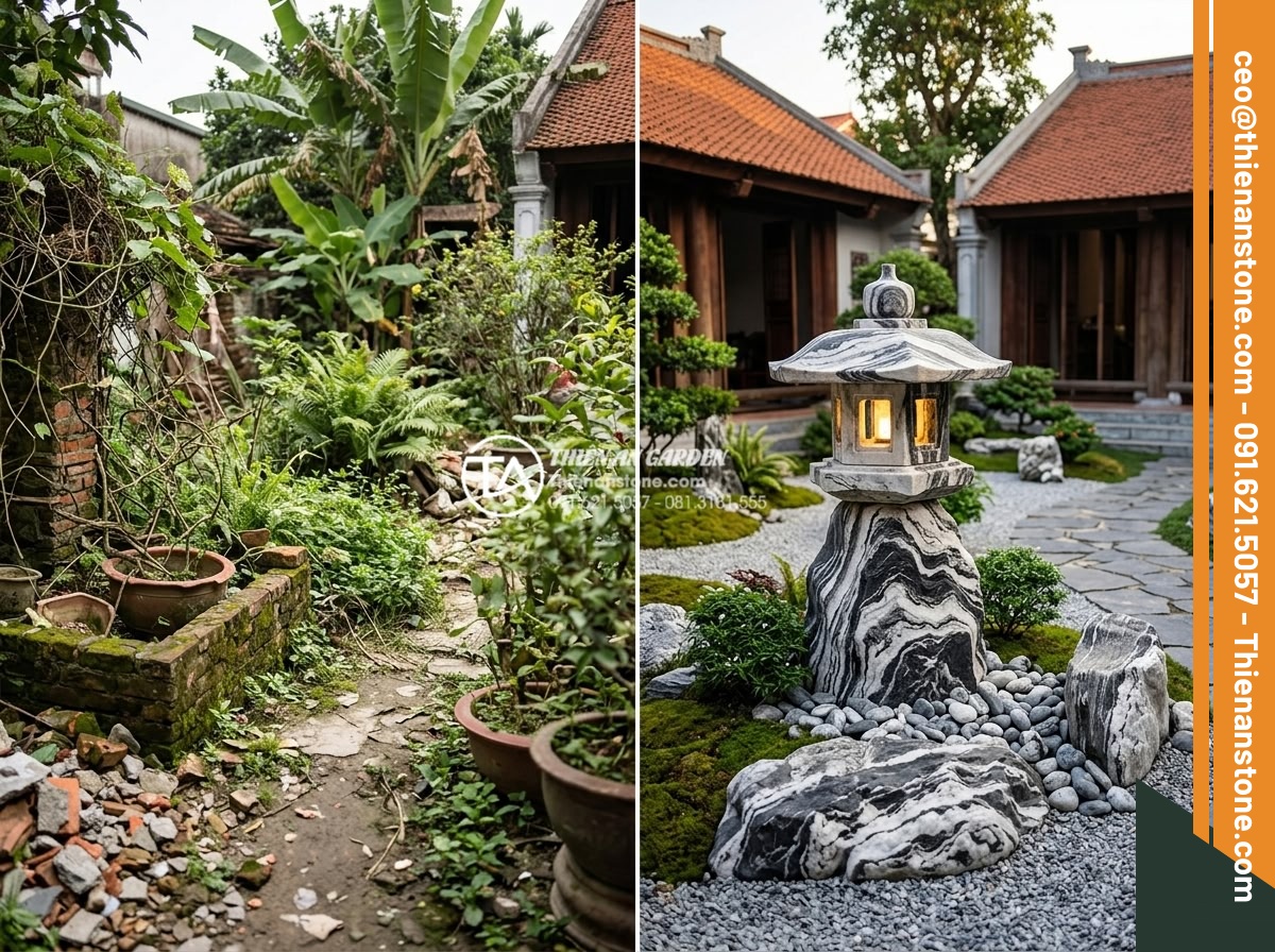 Báo giá đèn đá sân vườn mới nhất 2026: Chi phí thi công trọn gói - Before and after photos of professional stone garden lamp installation project s