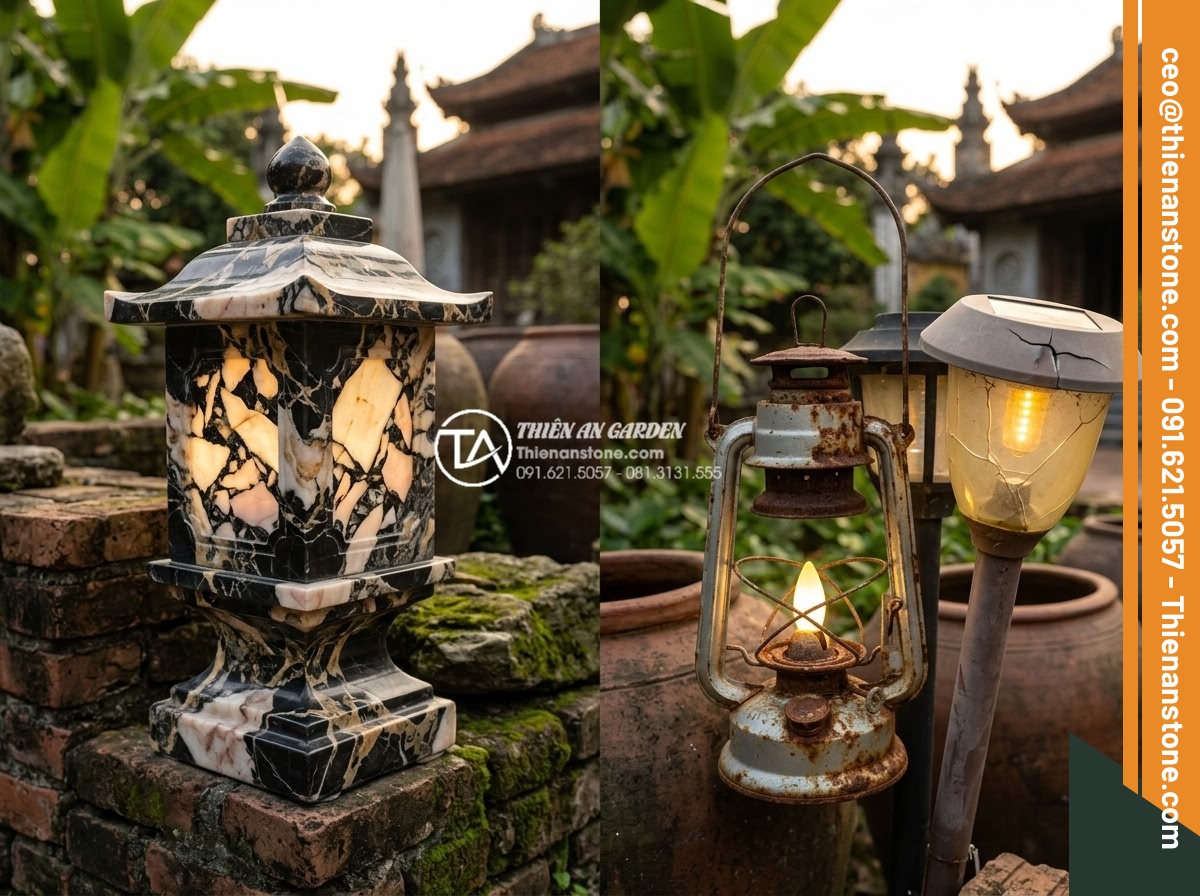 Báo giá đèn đá sân vườn mới nhất 2026: Chi phí thi công trọn gói - Side-by-side comparison of stone garden lamps versus metal and plastic alternati