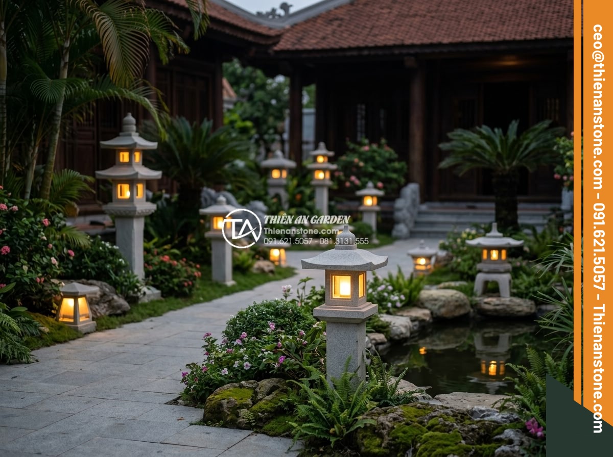 Báo giá đèn đá sân vườn mới nhất 2026: Chi phí thi công trọn gói - Beautiful completed luxury villa garden project featuring professional stone lan