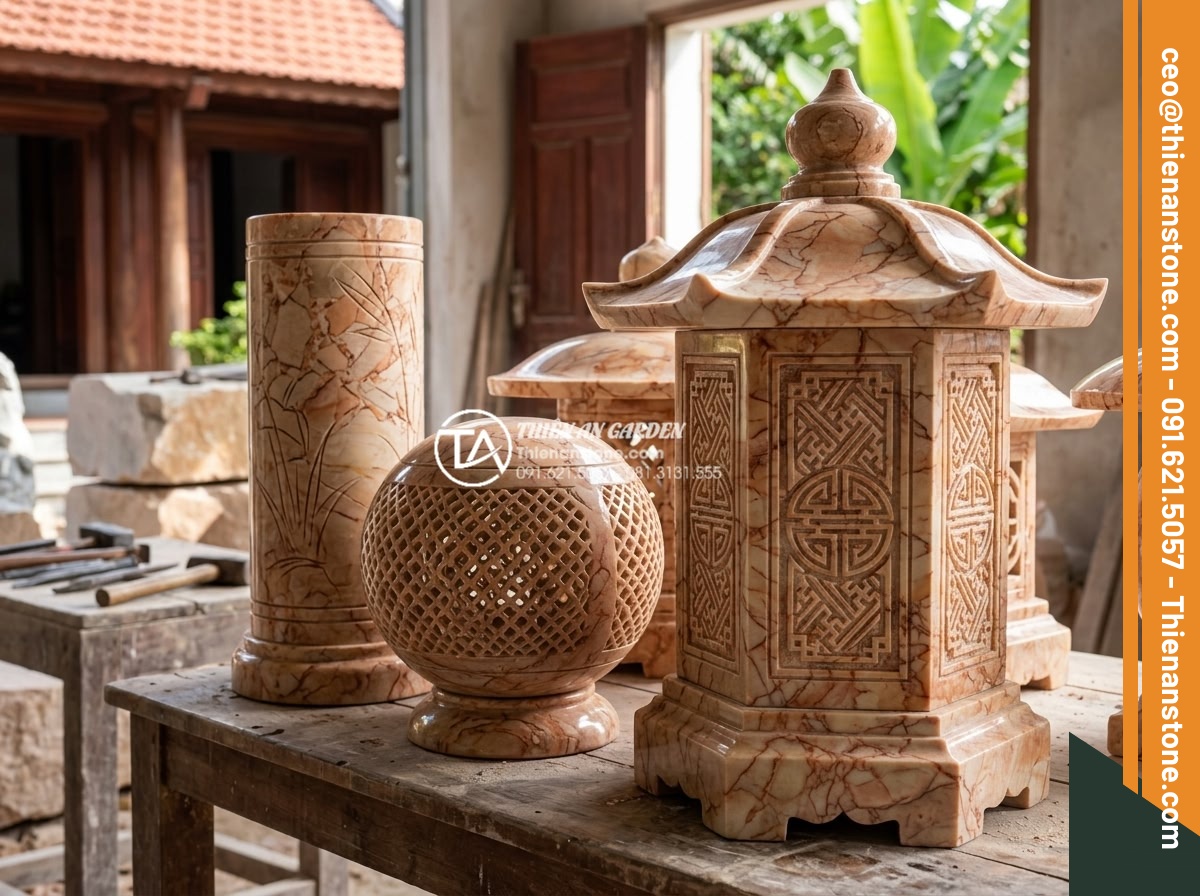 Báo giá đèn đá sân vườn mới nhất 2026: Chi phí thi công trọn gói - Variety of popular stone garden lamps including cylindrical, spherical and hexag