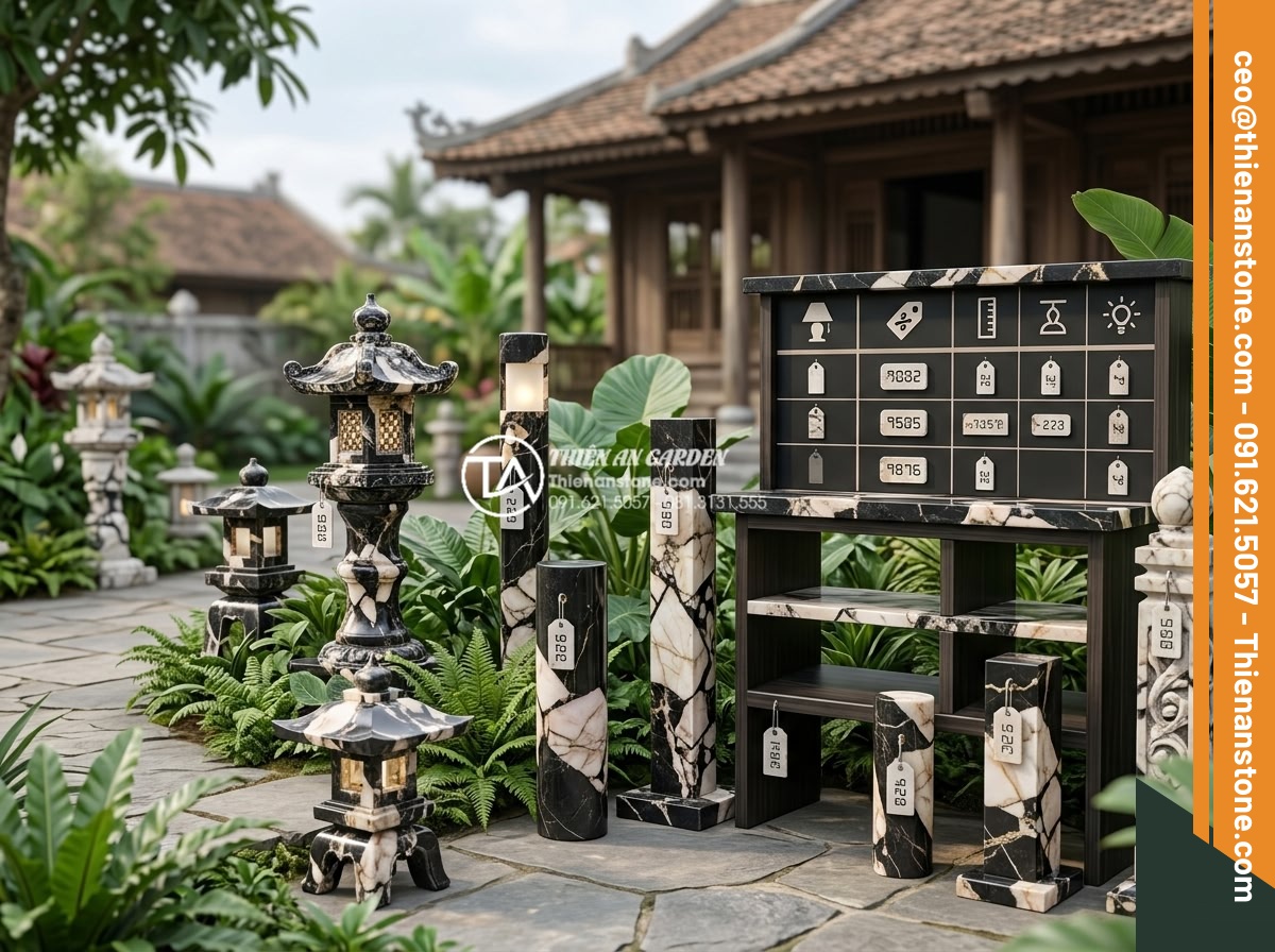 Báo giá đèn đá sân vườn mới nhất 2026: Chi phí thi công trọn gói - Professional pricing table and various stone garden lamp products with clear lab