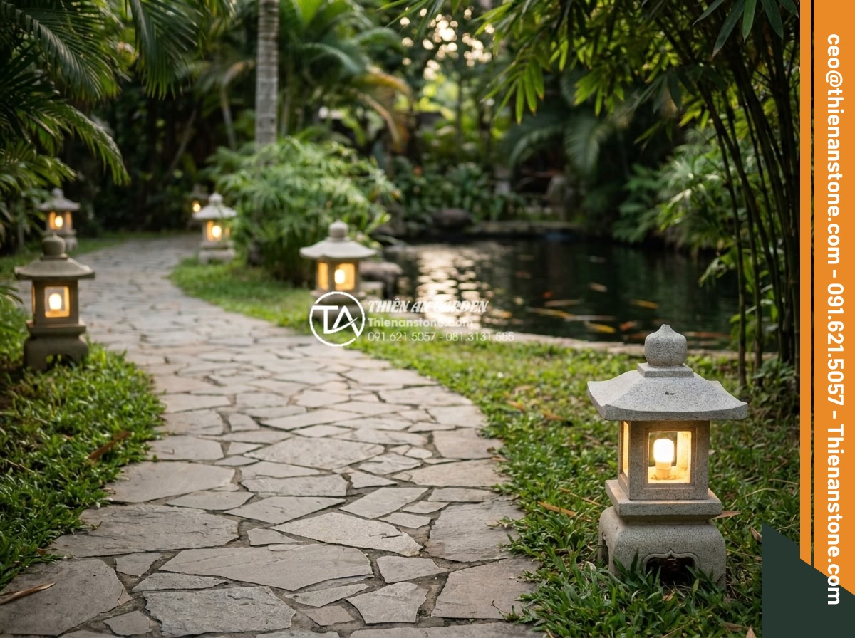 Bí quyết chọn màu sắc đá làm đèn phù hợp với bản mệnh gia chủ - Beautiful arrangement of handcrafted natural pebble stone garden lamps in black 