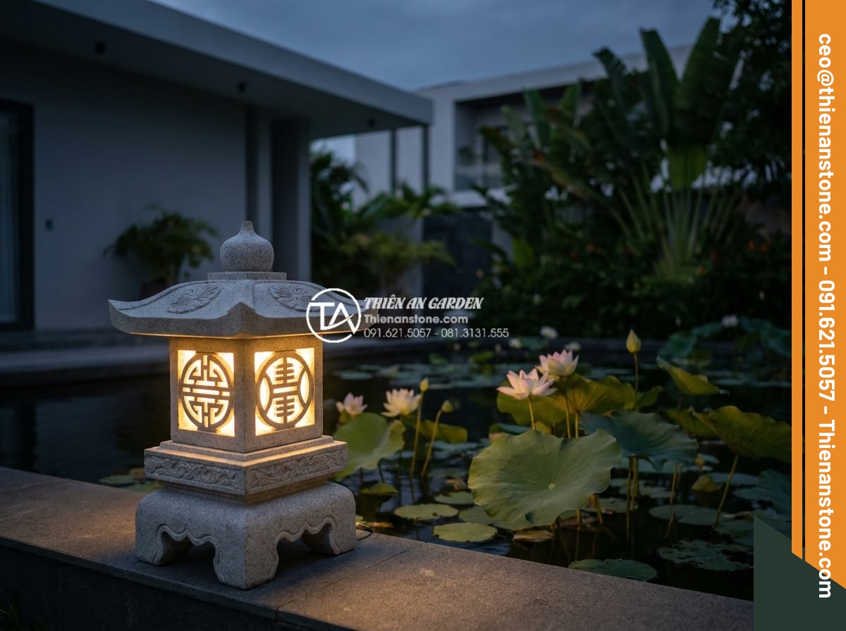 Bí quyết chọn màu sắc đá làm đèn phù hợp với bản mệnh gia chủ - Luxurious white marble garden lamp with intricate carving glowing softly in a mo