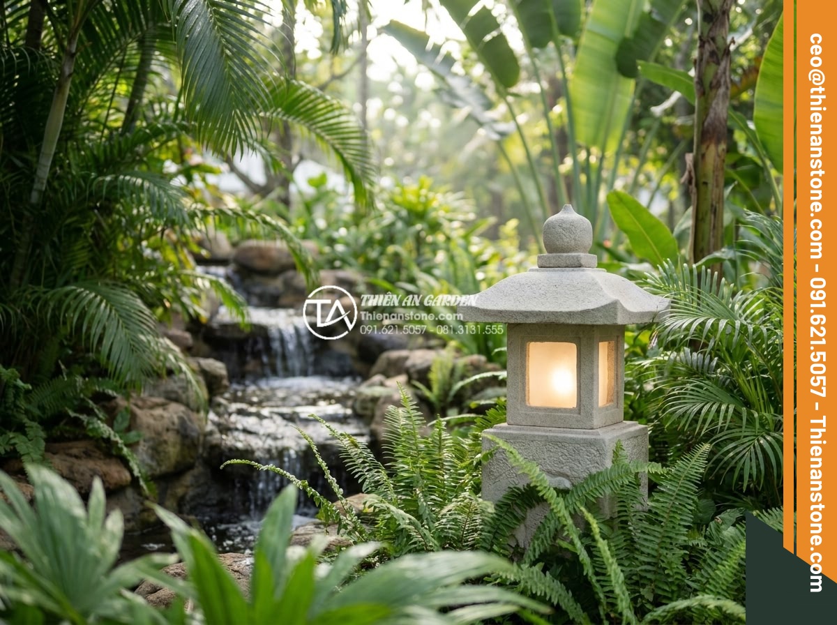 Bí quyết chọn màu sắc đá làm đèn phù hợp với bản mệnh gia chủ - Vibrant green onyx stone garden lamp with natural light glow placed among tropic