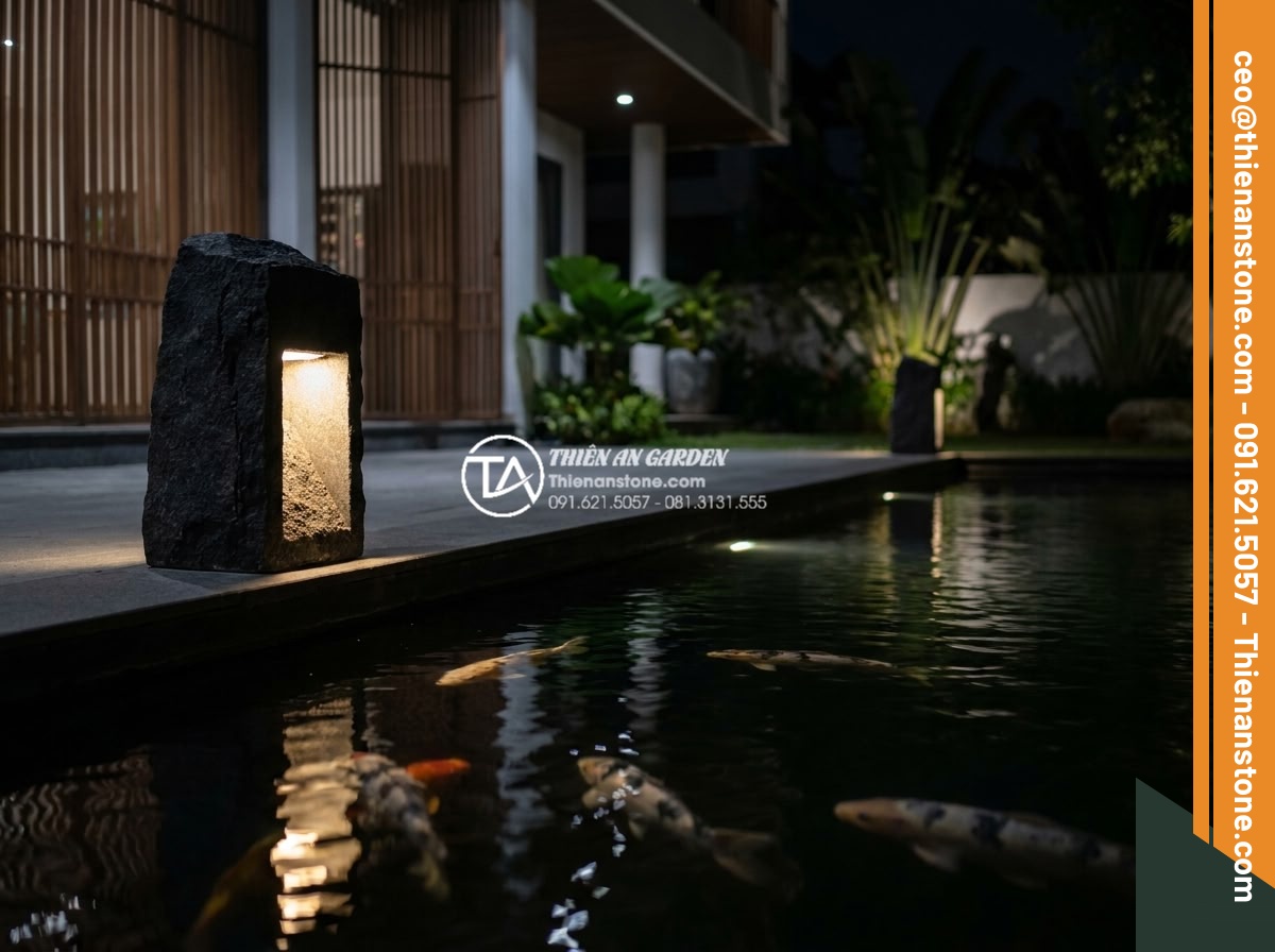 Bí quyết chọn màu sắc đá làm đèn phù hợp với bản mệnh gia chủ - Dramatic black basalt garden lamp with subtle lighting illuminating a peaceful K
