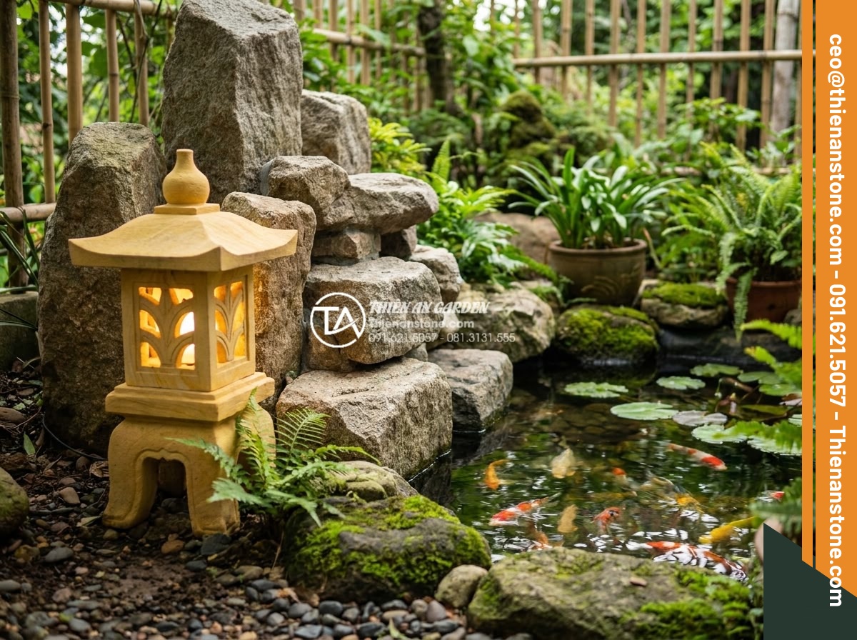 Bí quyết chọn màu sắc đá làm đèn phù hợp với bản mệnh gia chủ - Warm yellow sandstone garden lamp with soft lighting placed beside a traditional