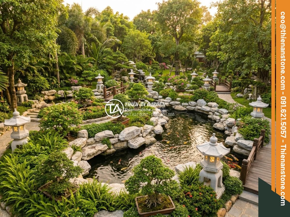Bí quyết chọn màu sắc đá làm đèn phù hợp với bản mệnh gia chủ - Wide angle view of a complete Vietnamese luxury garden design featuring multiple