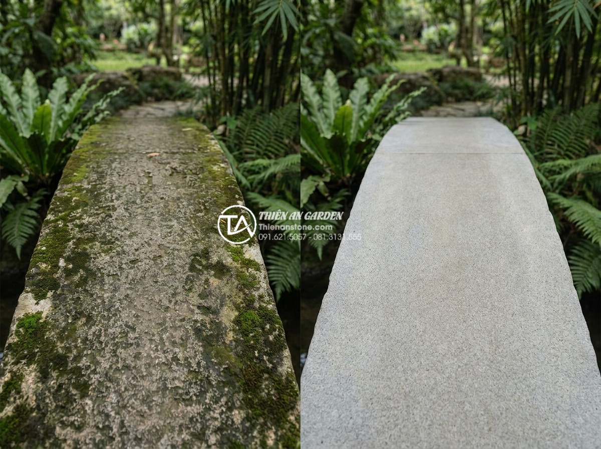 Cách chọn đá tự nhiên làm cầu sân vườn bền bỉ và không bị rêu mốc - Before-and-after professional comparison image of a natural stone garden bridge 
