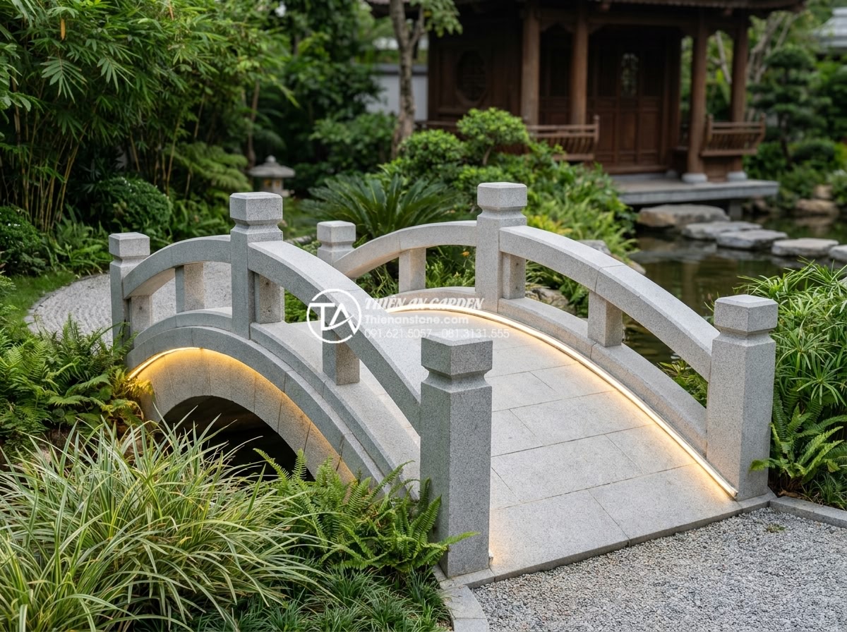 Cách chọn đá tự nhiên làm cầu sân vườn bền bỉ và không bị rêu mốc - Final completion high-resolution image of a fully installed natural stone garden