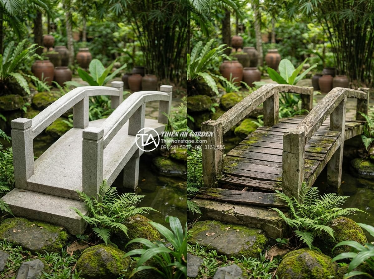 Cách chọn đá tự nhiên làm cầu sân vườn bền bỉ và không bị rêu mốc - Professional infographic-style comparison photograph showing side-by-side natura