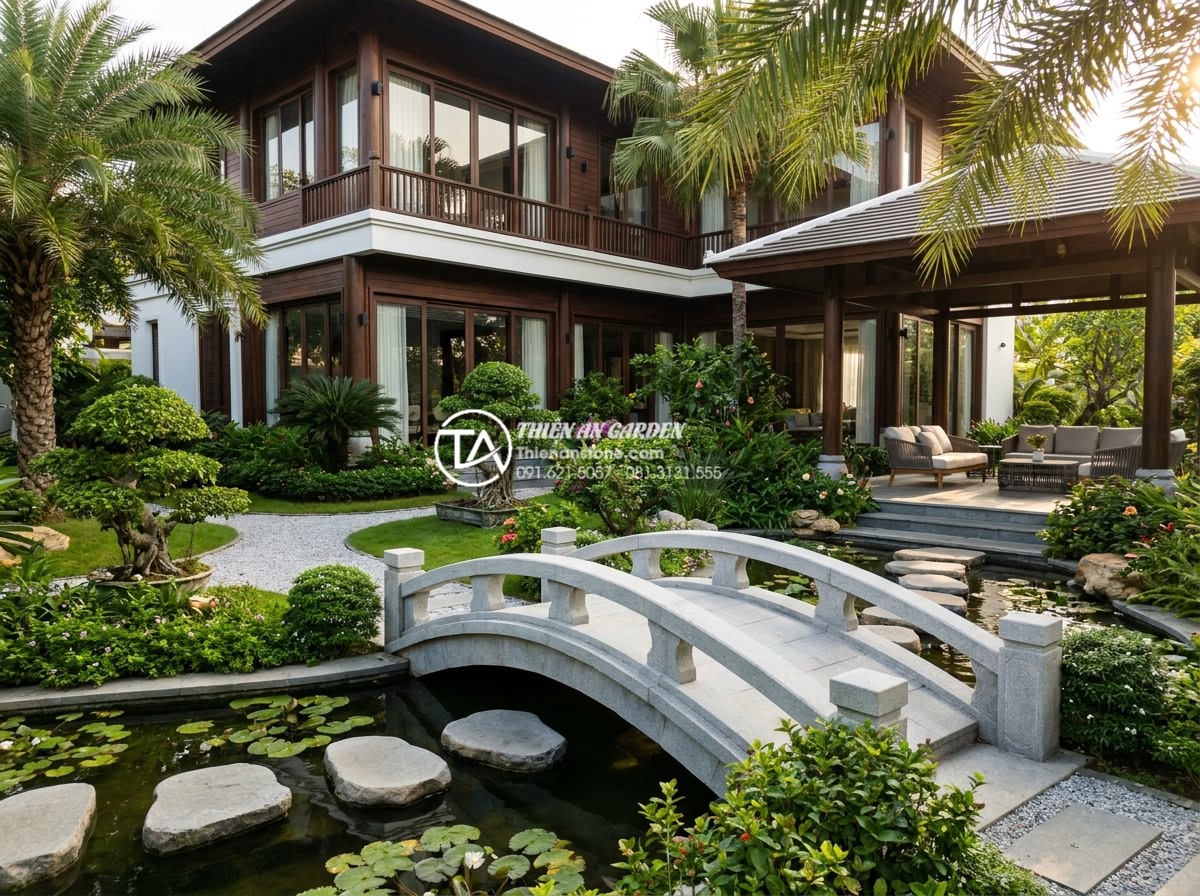 Cách chọn đá tự nhiên làm cầu sân vườn bền bỉ và không bị rêu mốc - High-end real estate photography of a luxury Vietnamese villa featuring a stunni