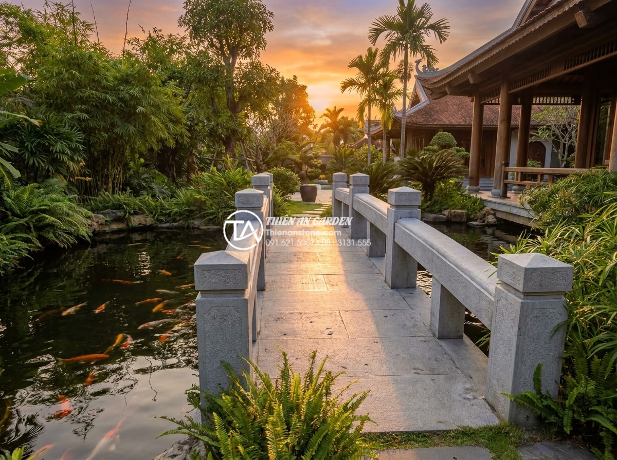 Cách chọn đá tự nhiên làm cầu sân vườn bền bỉ và không bị rêu mốc - Final inspiring wide shot of a breathtaking natural stone garden bridge at sunse