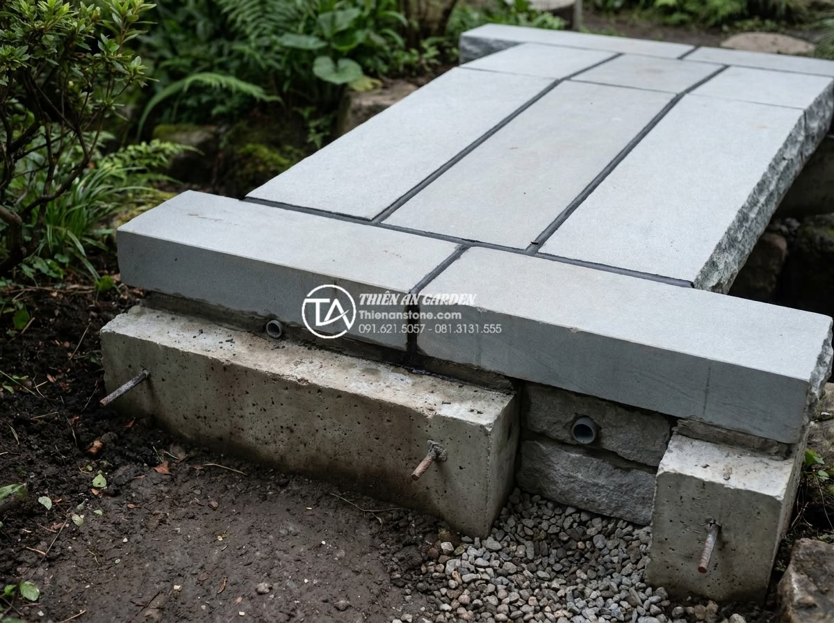 Cách chọn đá tự nhiên làm cầu sân vườn bền bỉ và không bị rêu mốc - Engineering detail shot of the foundation and joint construction of a Thanh Hoa 