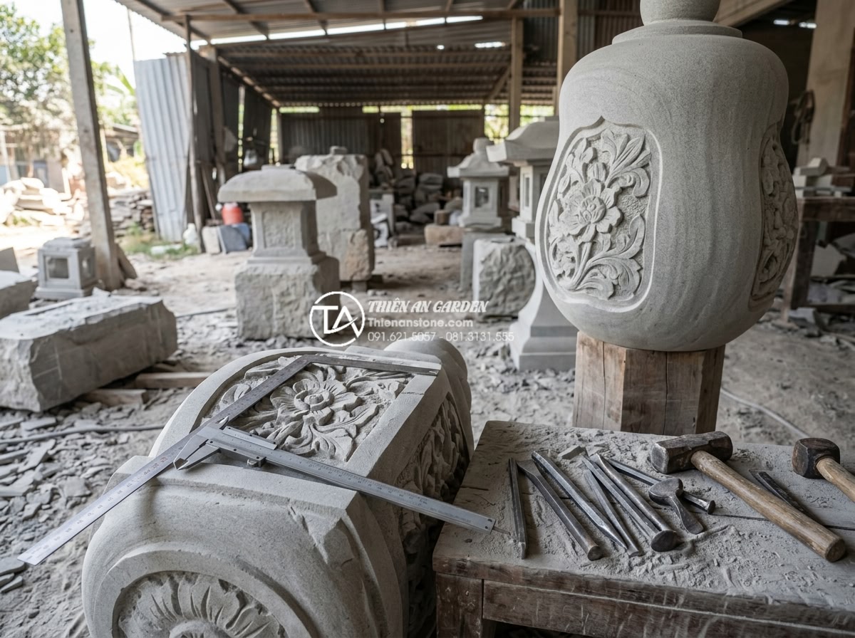 Cách chọn kích thước đèn đá sân vườn phù hợp với diện tích cảnh quan - Professional portrait of expert stone craftsmen from Da Canh Thien An working on
