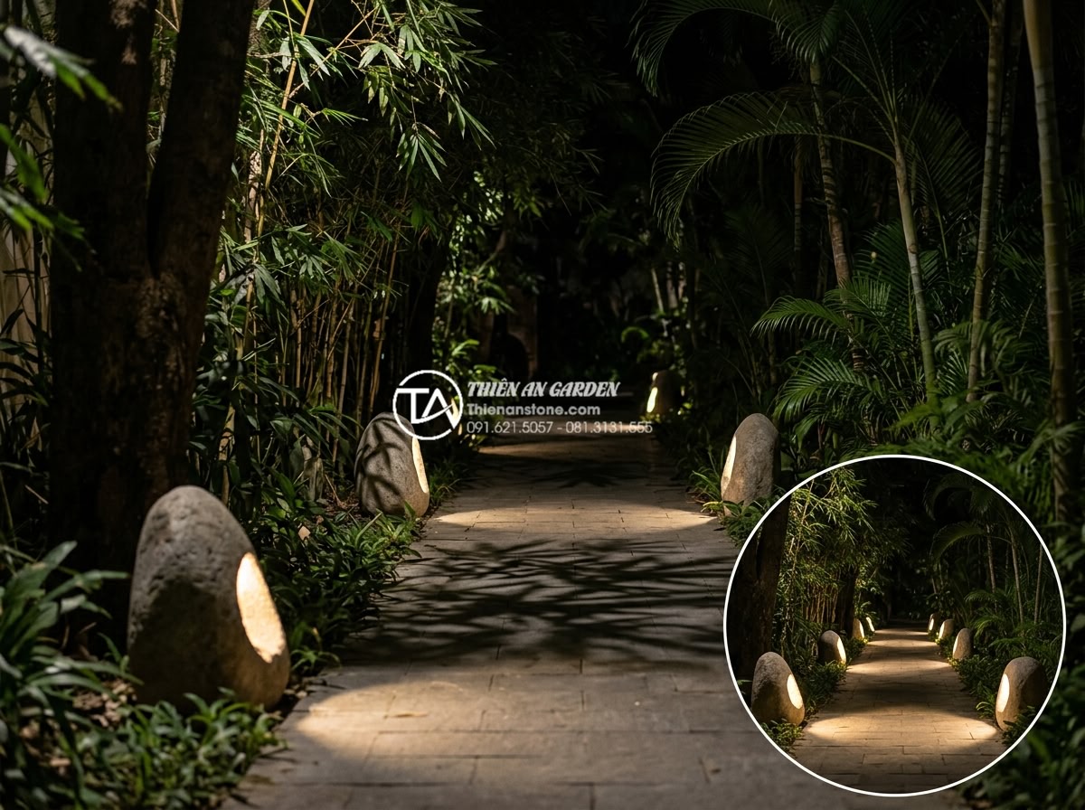 Cách chọn kích thước đèn đá sân vườn phù hợp với diện tích cảnh quan - Realistic night photo of a garden where stone lamps were installed with common m