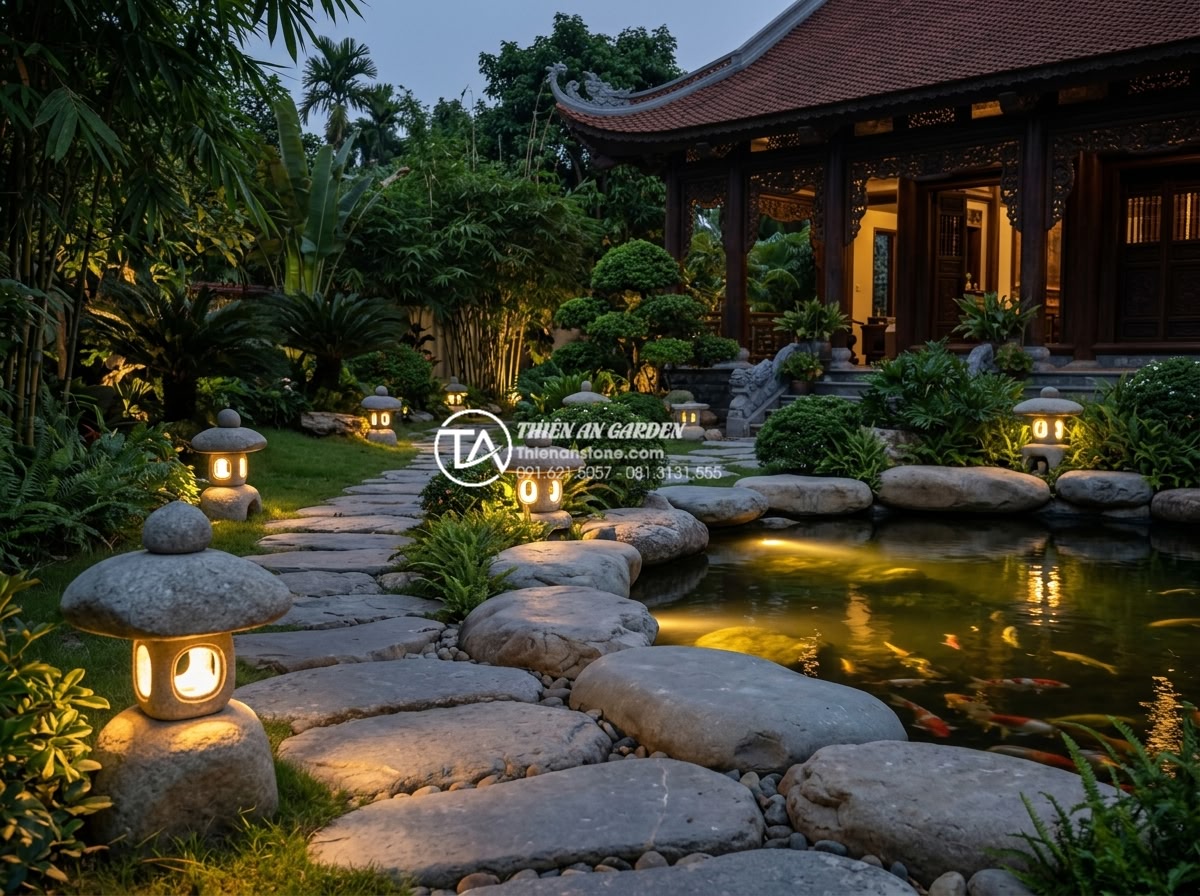 Cách chọn kích thước đèn đá sân vườn phù hợp với diện tích cảnh quan - Completed project showcase realistic image of elegant Vietnamese villa garden fu