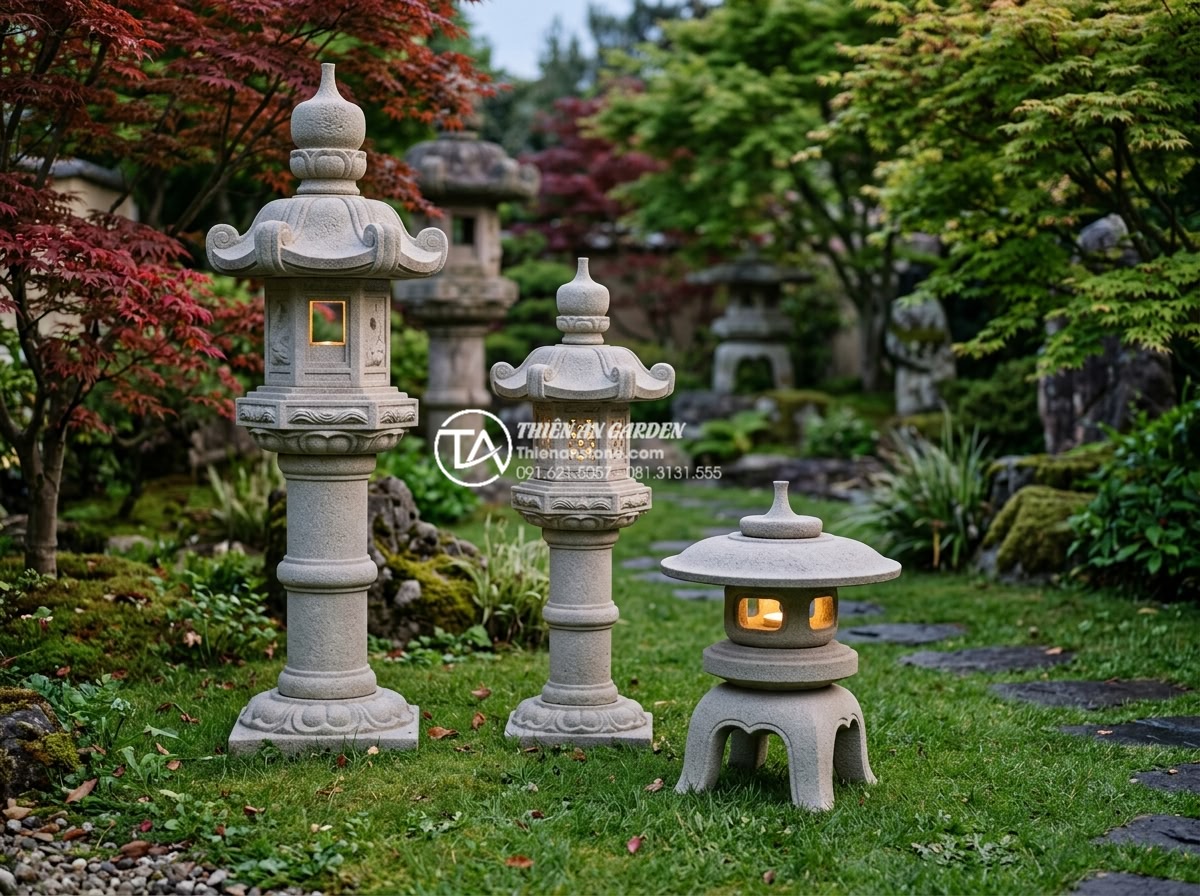Cách chọn kích thước đèn đá sân vườn phù hợp với diện tích cảnh quan - Close-up realistic image of multiple natural stone garden lamps in different hei