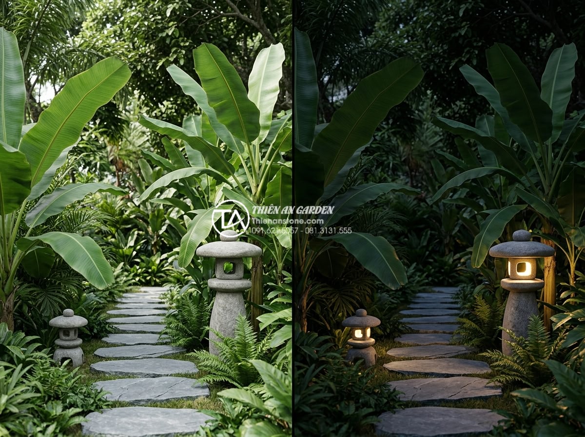 Cách chọn kích thước đèn đá sân vườn phù hợp với diện tích cảnh quan - Architectural rendering showing side-by-side comparison of garden stone lamps in