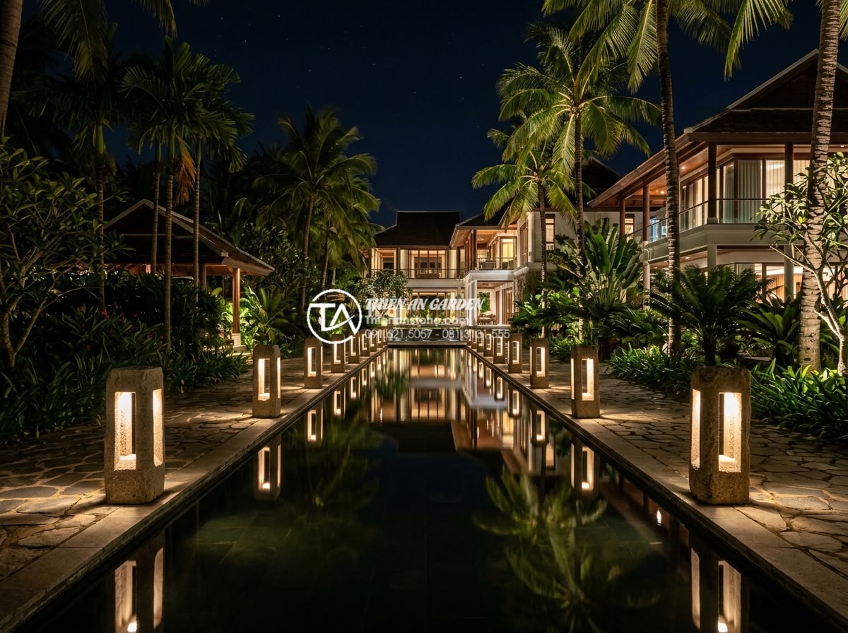Cách chọn kích thước đèn đá sân vườn phù hợp với diện tích cảnh quan - Wide angle realistic photo of a grand Vietnamese resort garden at night featurin