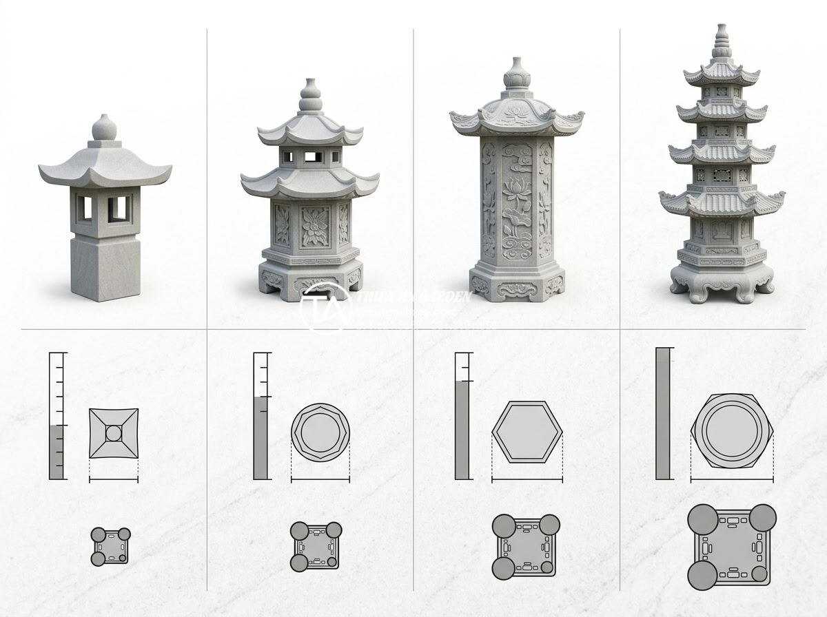 Cách chọn kích thước đèn đá sân vườn phù hợp với diện tích cảnh quan - Detailed comparison chart style image showing four categories of garden stone la
