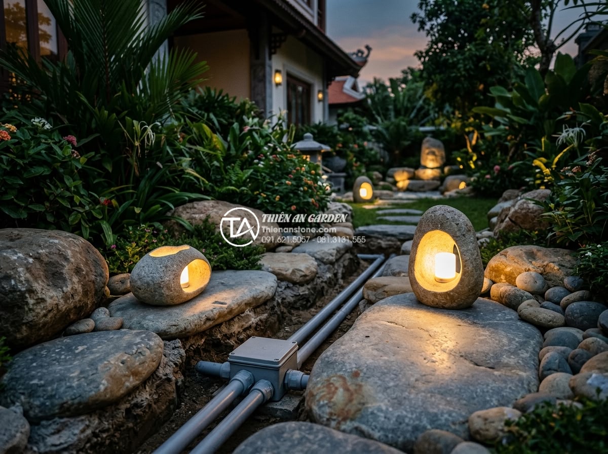 Cách đi dây điện ngầm an toàn cho hệ thống đèn đá trang trí ngoài trời - Professional underground electrical conduit installation for outdoor stone garde