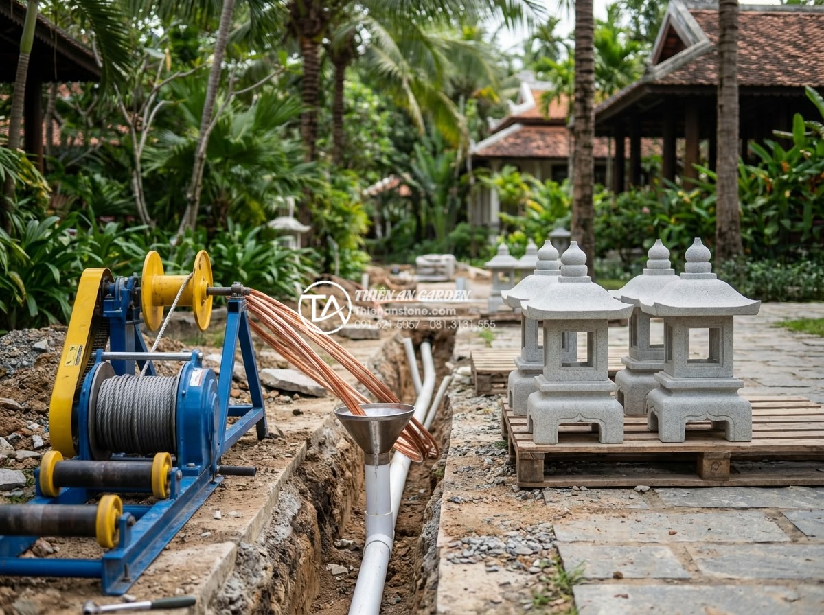 Cách đi dây điện ngầm an toàn cho hệ thống đèn đá trang trí ngoài trời - Skilled technicians pulling high-quality copper cables through buried PVC condui