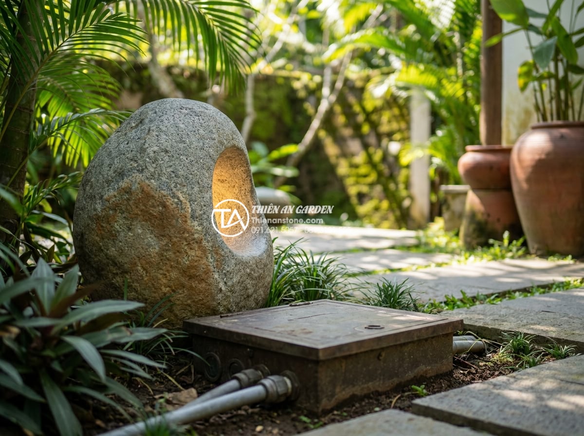 Cách đi dây điện ngầm an toàn cho hệ thống đèn đá trang trí ngoài trời - Showcase of premium natural stone garden lights and complete underground electri