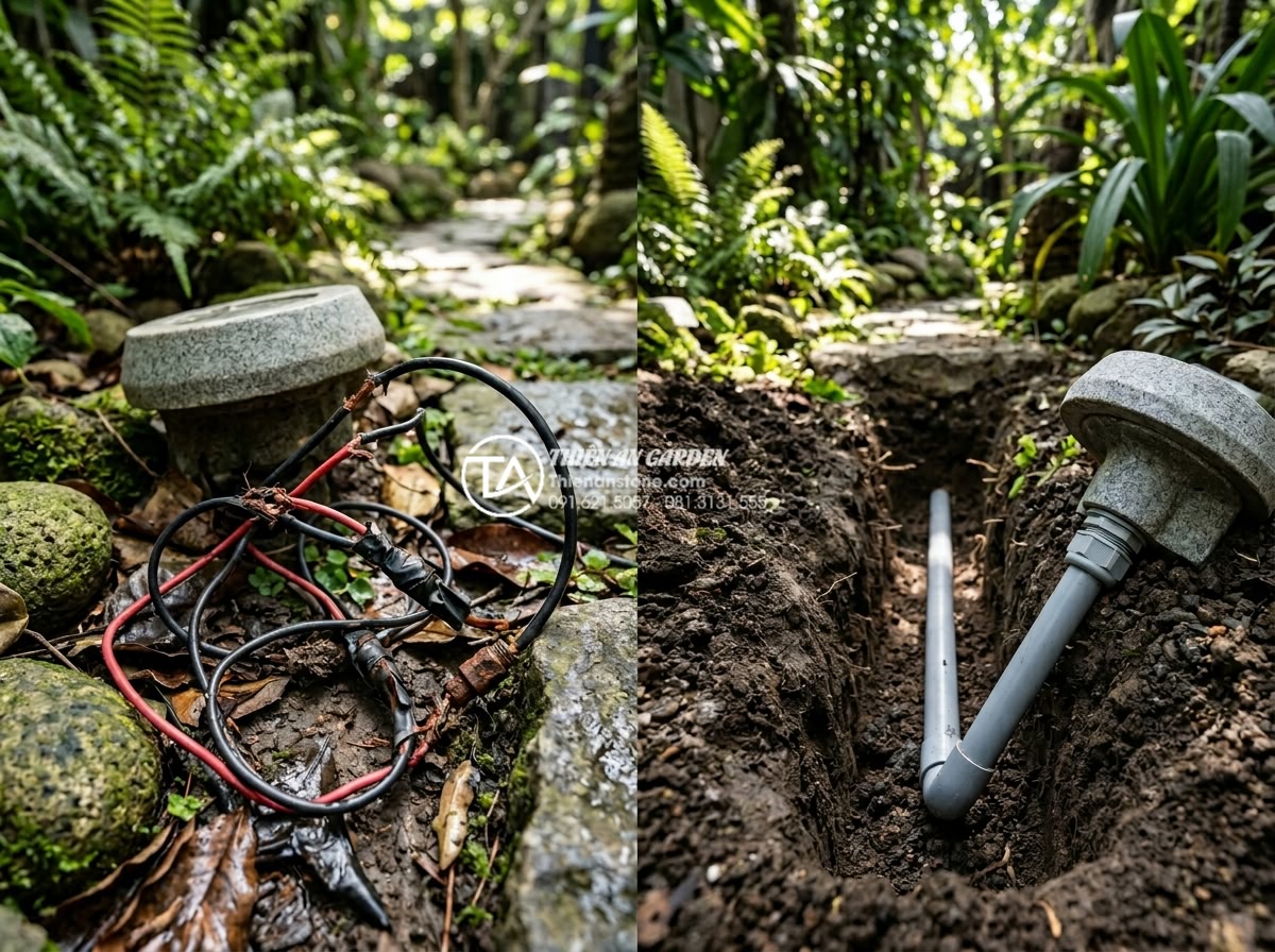 Cách đi dây điện ngầm an toàn cho hệ thống đèn đá trang trí ngoài trời - Close-up view of unsafe exposed electrical wiring for garden stone lights damage