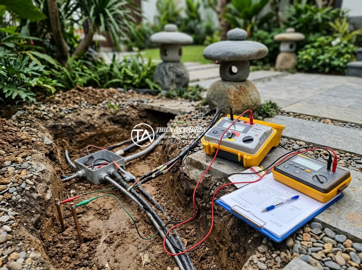 Cách đi dây điện ngầm an toàn cho hệ thống đèn đá trang trí ngoài trời - Official inspection and testing process of underground electrical system for gar