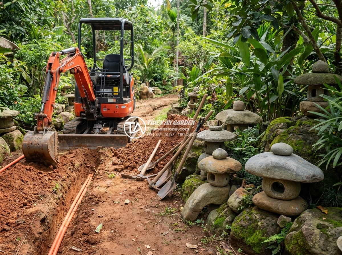 Cách đi dây điện ngầm an toàn cho hệ thống đèn đá trang trí ngoài trời - Professional excavation of underground trenches for electrical conduits in a bea