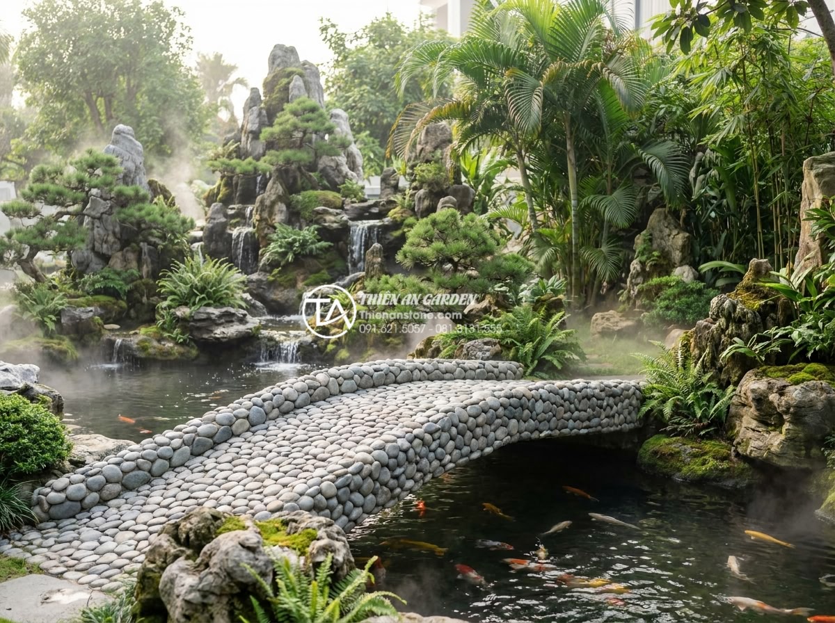 Cách kết hợp cầu đá và hòn non bộ tạo thế 'Sơn Thủy hữu tình' - Hình 1 Cách kết hợp cầu đá và hòn non bộ tạo thế 'Sơn Thủy hữu tình' - Serene Vietnamese garden showcasing Sơn Thủy hữu tình concept with a natural cur