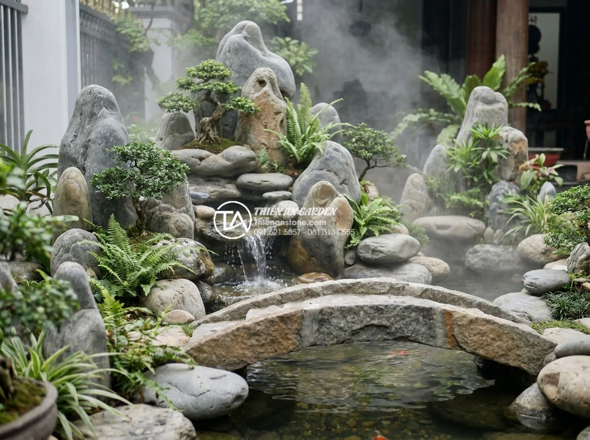 Cách kết hợp cầu đá và hòn non bộ tạo thế 'Sơn Thủy hữu tình' - Hình 3 Cách kết hợp cầu đá và hòn non bộ tạo thế 'Sơn Thủy hữu tình' - Detailed hòn non bộ rockery in Vietnamese style with multiple layered natural st