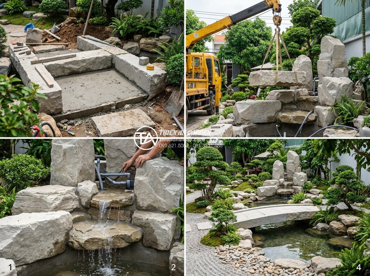 Cách kết hợp cầu đá và hòn non bộ tạo thế 'Sơn Thủy hữu tình' - Hình 6 Cách kết hợp cầu đá và hòn non bộ tạo thế 'Sơn Thủy hữu tình' - Step-by-step construction process of stone bridge and hòn non bộ in Vietnamese g