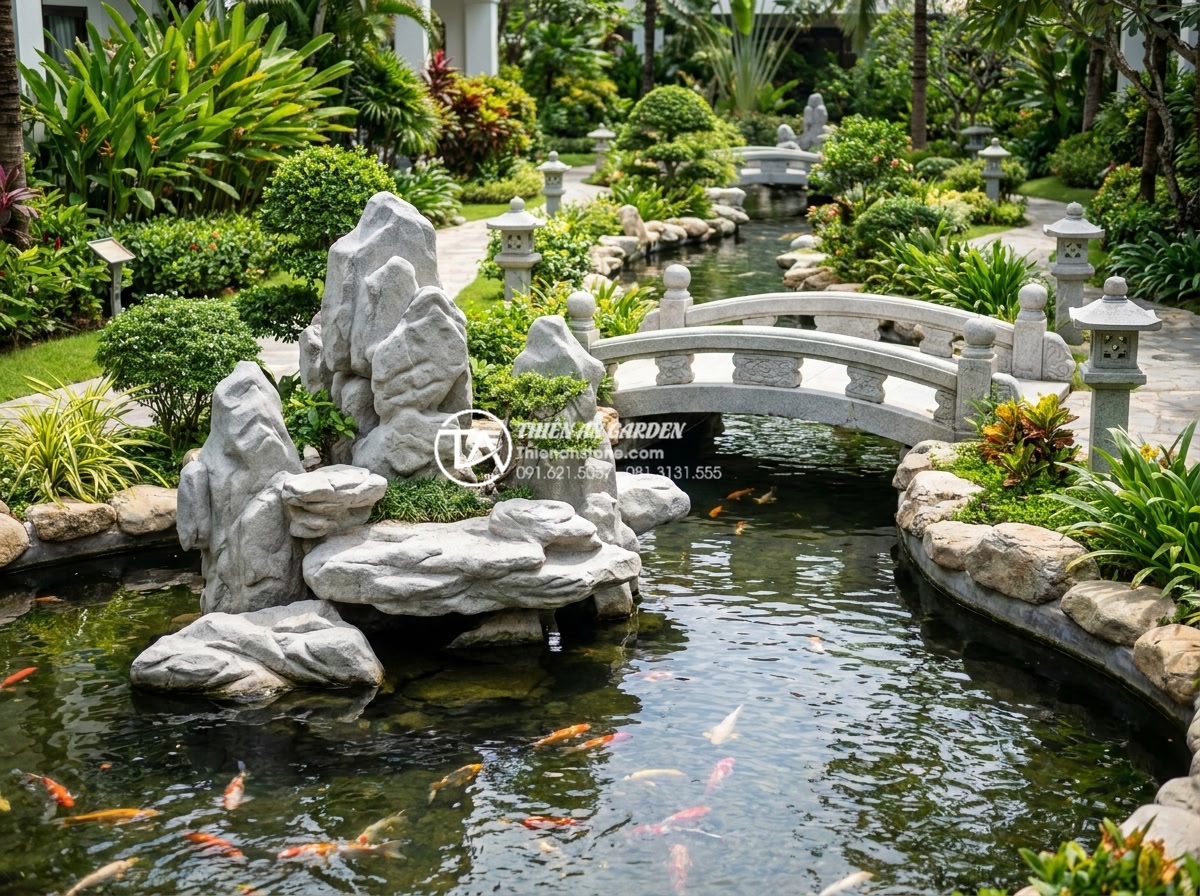 Cách kết hợp cầu đá và hòn non bộ tạo thế 'Sơn Thủy hữu tình' - Hình 8 Cách kết hợp cầu đá và hòn non bộ tạo thế 'Sơn Thủy hữu tình' - Luxury resort garden featuring elegant stone bridge and majestic hòn non bộ with
