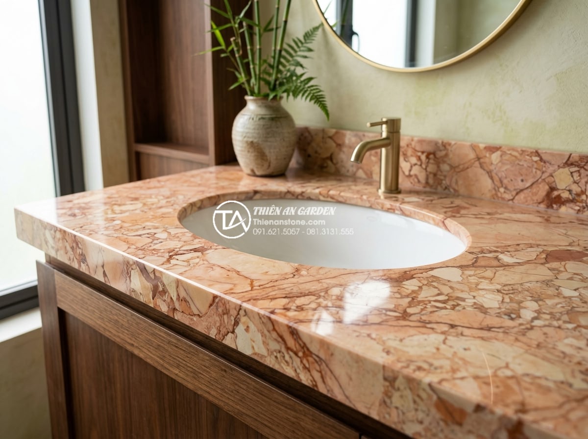 Cách Khoét Lỗ Bàn Đá Chậu Rửa Mặt: Checklist Kỹ Thuật Cho Thợ Thi Công - High-resolution professional photograph of a luxurious natural marble bathroom v