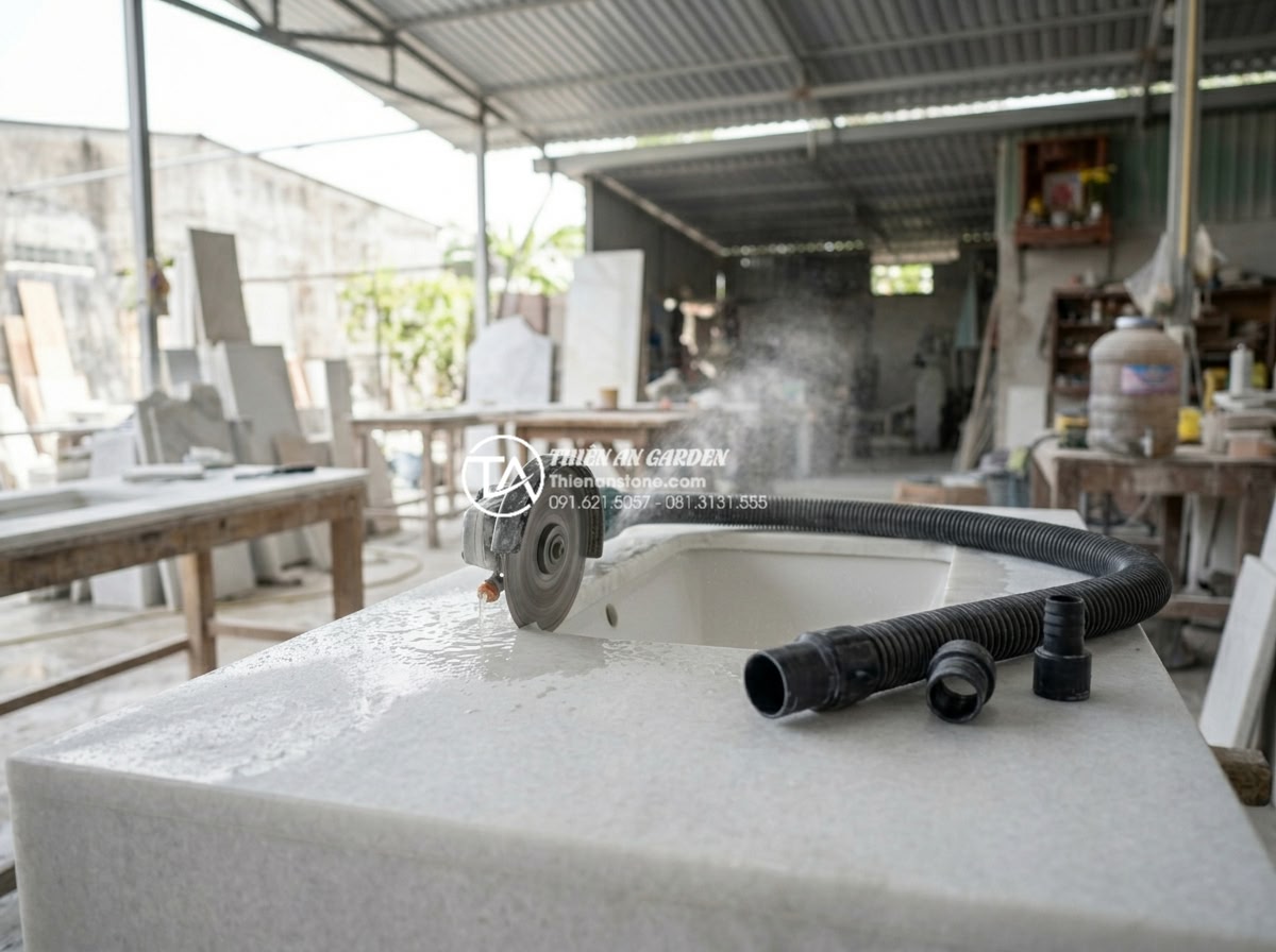 Cách Khoét Lỗ Bàn Đá Chậu Rửa Mặt: Checklist Kỹ Thuật Cho Thợ Thi Công - Skilled stone craftsman using handheld wet angle grinder with diamond blade to f