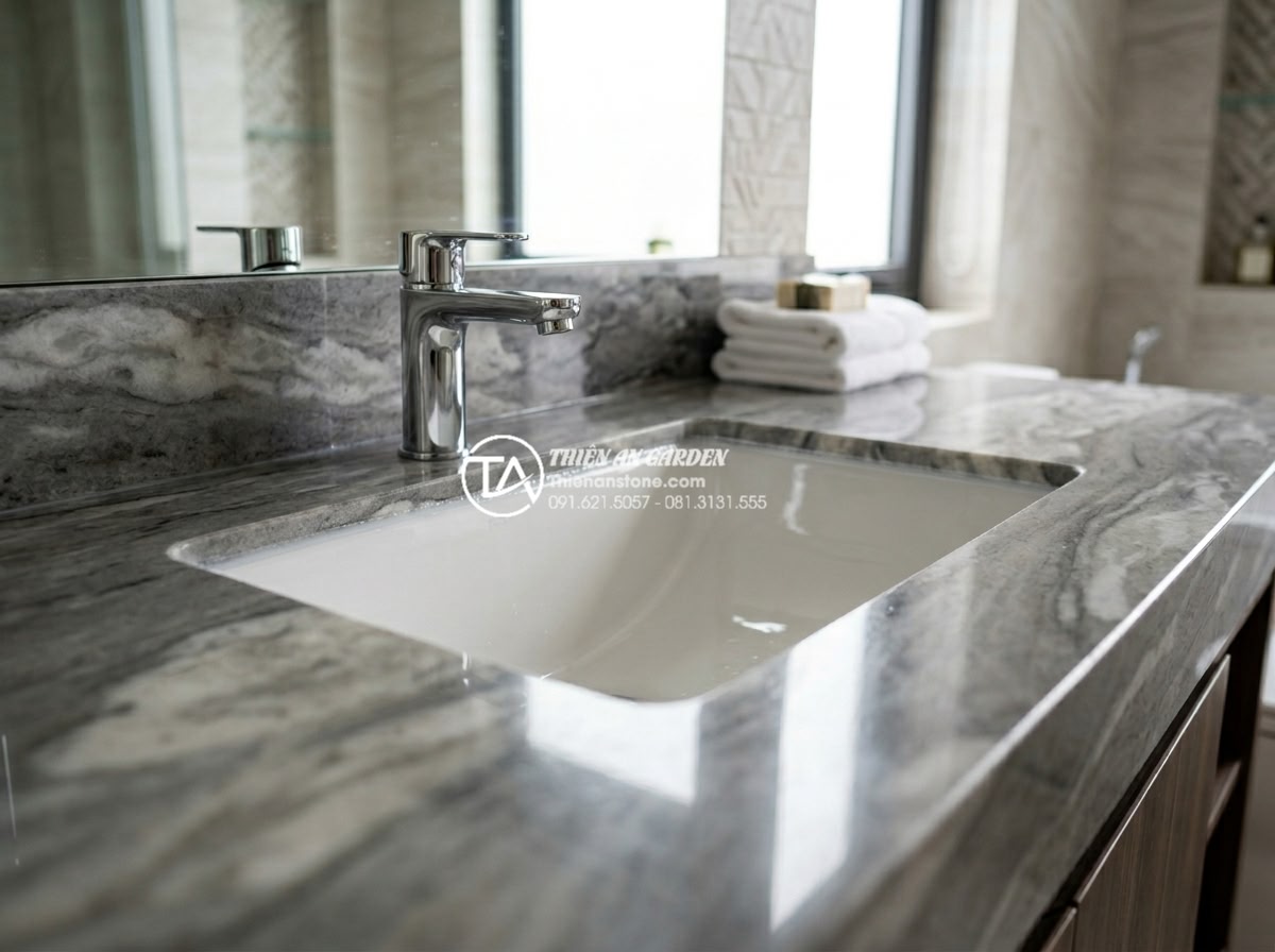 Cách Khoét Lỗ Bàn Đá Chậu Rửa Mặt: Checklist Kỹ Thuật Cho Thợ Thi Công - Final installation shot of under-mount sink perfectly flush with polished marble