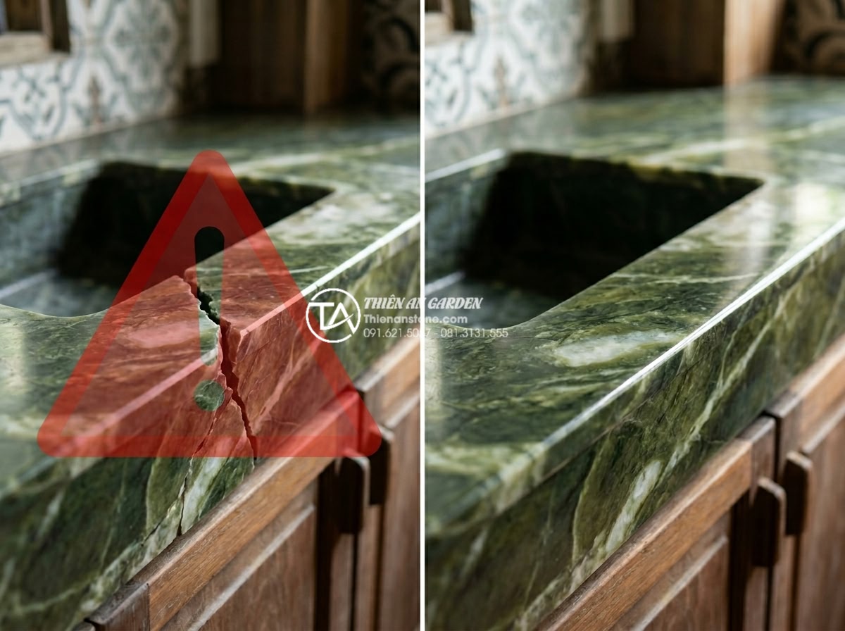 Cách Khoét Lỗ Bàn Đá Chậu Rửa Mặt: Checklist Kỹ Thuật Cho Thợ Thi Công - Educational split image showing damaged cracked marble sink cutout on left with 
