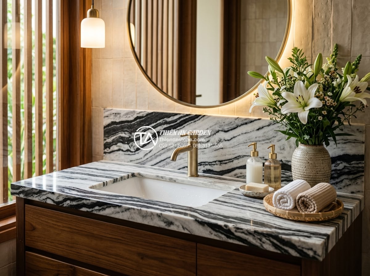 Cách Khoét Lỗ Bàn Đá Chậu Rửa Mặt: Checklist Kỹ Thuật Cho Thợ Thi Công - Beautiful final hero image of completed luxury natural stone bathroom vanity wit