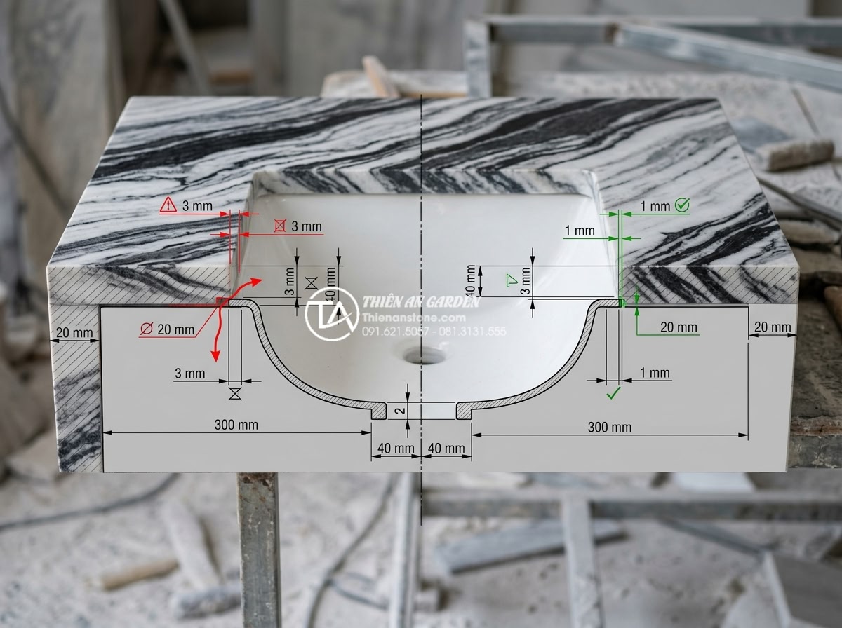 Cách Khoét Lỗ Bàn Đá Chậu Rửa Mặt: Checklist Kỹ Thuật Cho Thợ Thi Công - Technical diagram style image showing cross-section of stone vanity top with inc
