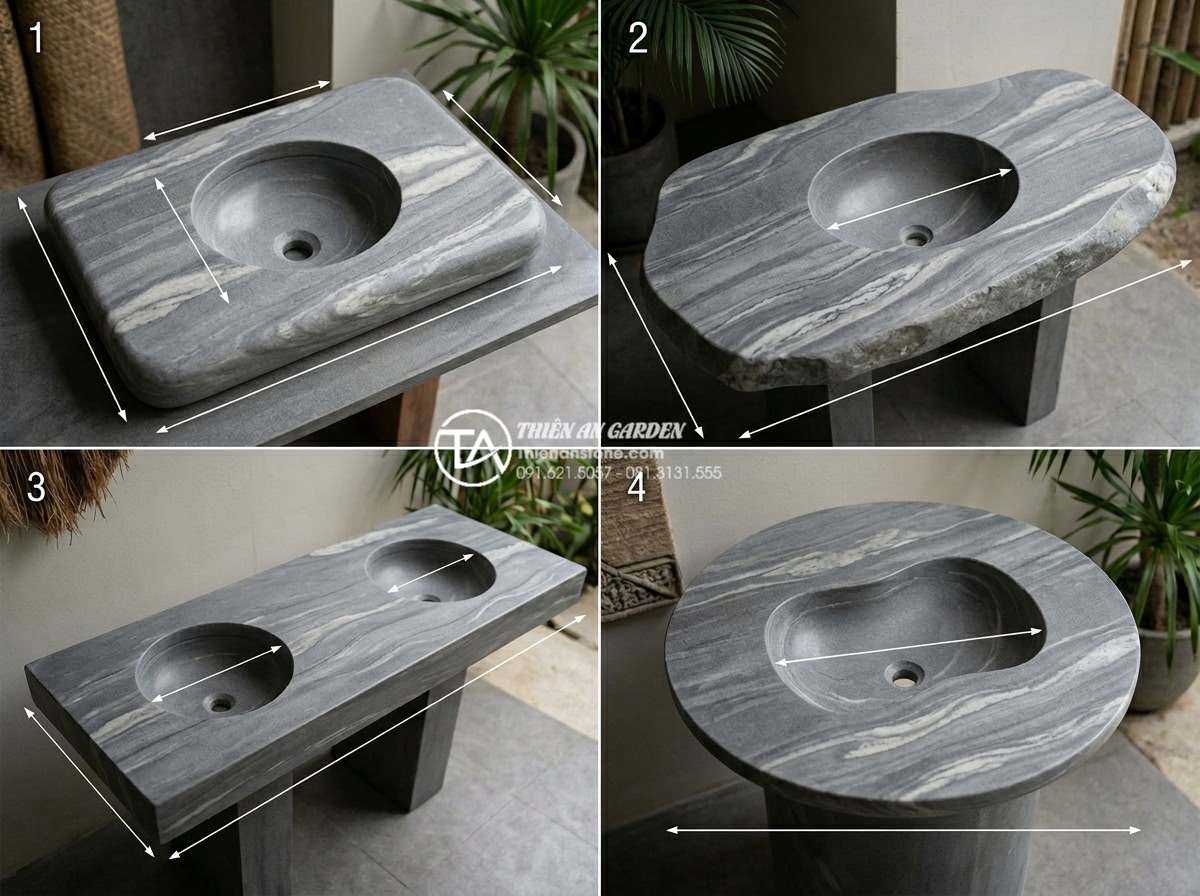Cách Khoét Lỗ Bàn Đá Chậu Rửa Mặt: Checklist Kỹ Thuật Cho Thợ Thi Công - Side-by-side comparison image of four different natural stone vanity tops: white