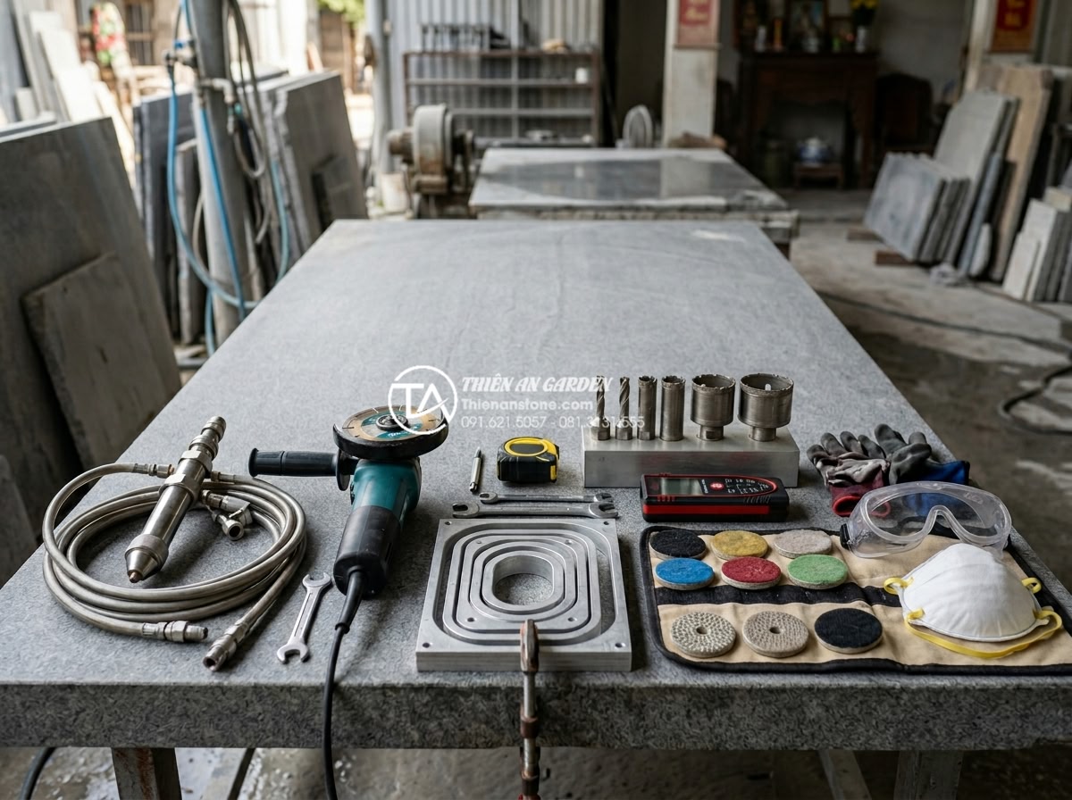 Cách Khoét Lỗ Bàn Đá Chậu Rửa Mặt: Checklist Kỹ Thuật Cho Thợ Thi Công - Organized professional toolkit layout for natural stone sink cutout work: CNC wa