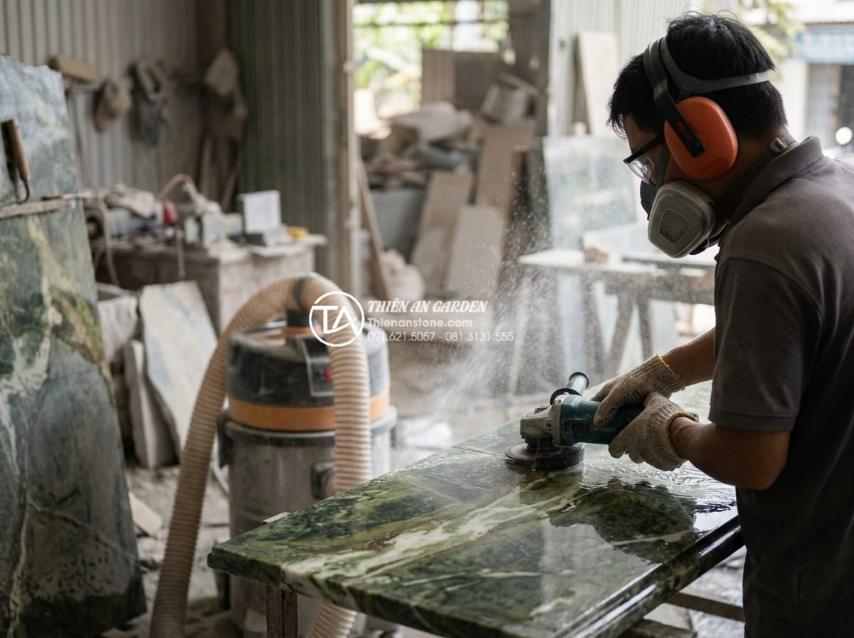 Cách Khoét Lỗ Bàn Đá Chậu Rửa Mặt: Checklist Kỹ Thuật Cho Thợ Thi Công - Safety-focused image of stone mason wearing full PPE including respirator, safet