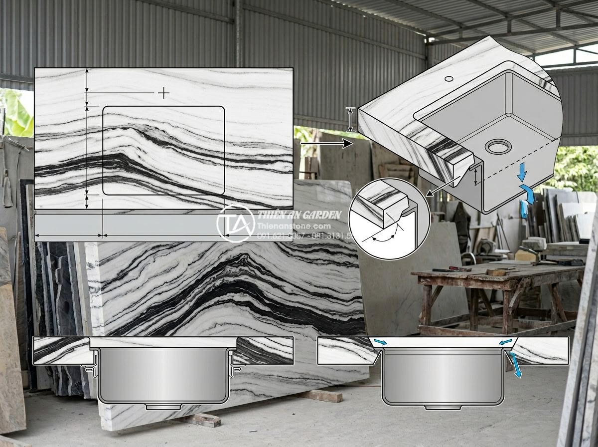 Cách Khoét Lỗ Bàn Đá Chậu Rửa Mặt: Checklist Kỹ Thuật Cho Thợ Thi Công - Step-by-step technical illustration of custom sink cutout calculation on thick n