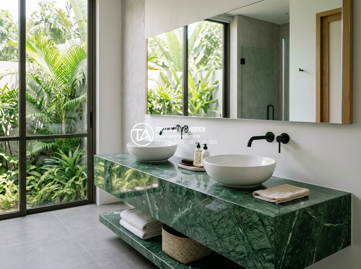 Cách Phối Màu Bàn Đá Lavabo Đen Và Trắng Trong Không Gian Hiện Đại - Elegant modern bathroom interior featuring black and white stone lavabo countert