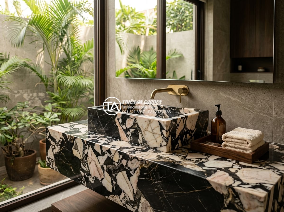 Cách Phối Màu Bàn Đá Lavabo Đen Và Trắng Trong Không Gian Hiện Đại - Luxury villa bathroom featuring sophisticated black and white stone lavabo count