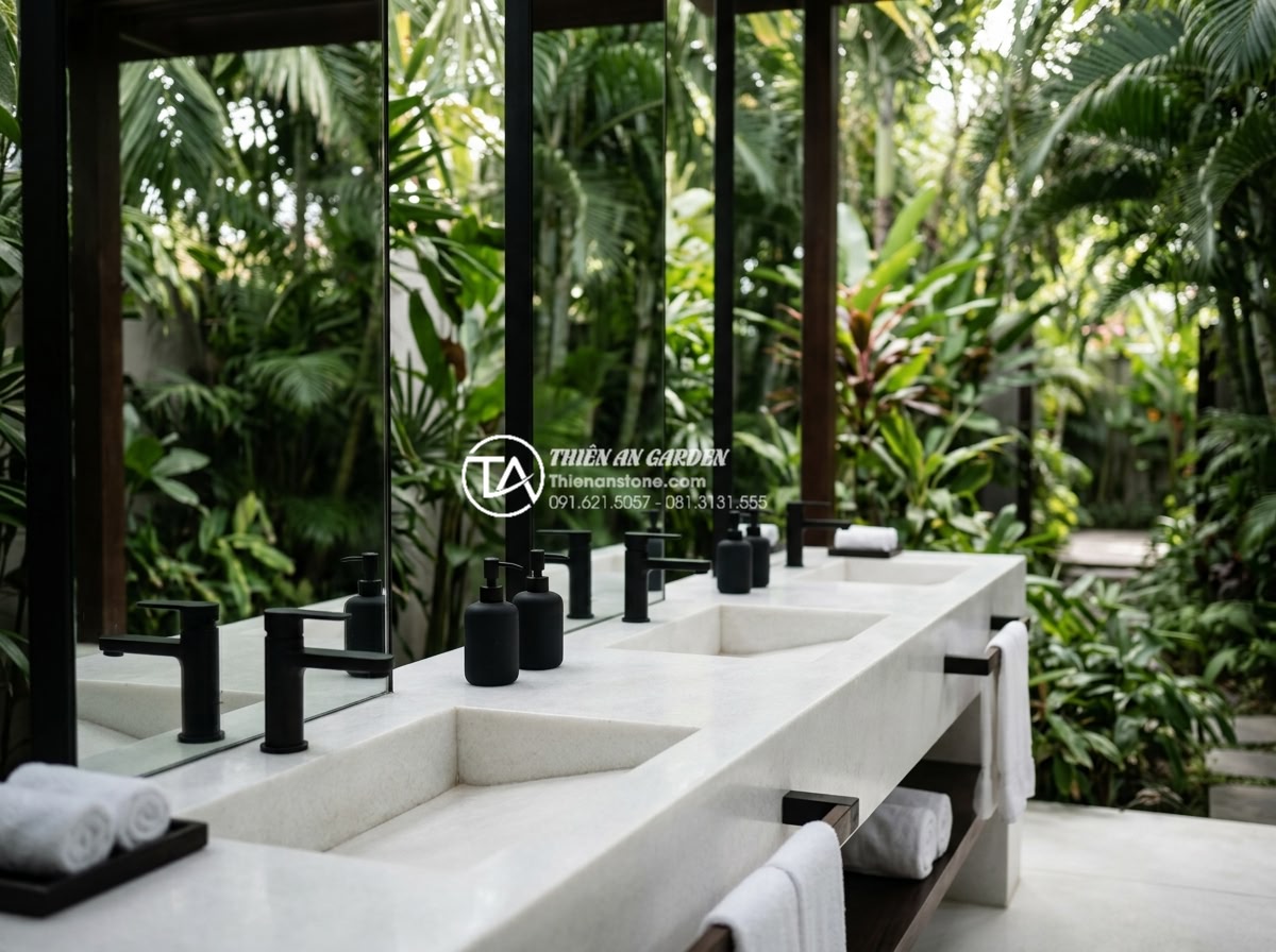 Cách Phối Màu Bàn Đá Lavabo Đen Và Trắng Trong Không Gian Hiện Đại - High-end resort lavabo area with elegant black white stone design integrated in 