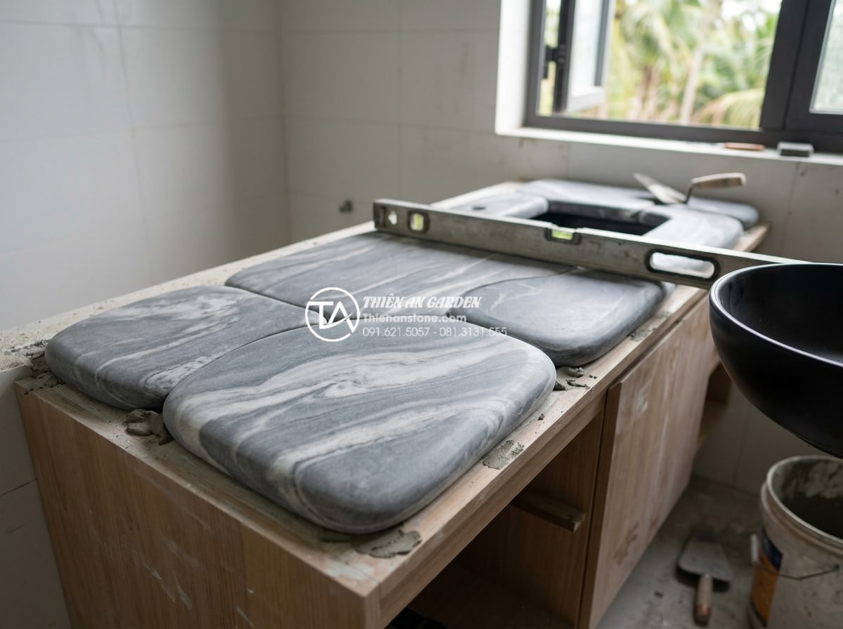Cách Phối Màu Bàn Đá Lavabo Đen Và Trắng Trong Không Gian Hiện Đại - Professional installation process of natural stone black and white lavabo counte