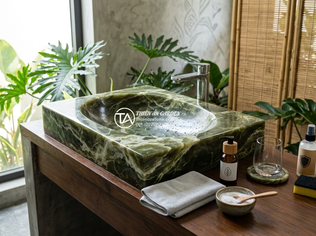 Cách Phối Màu Bàn Đá Lavabo Đen Và Trắng Trong Không Gian Hiện Đại - Maintenance tips illustration for cleaning black and white stone lavabo surfaces