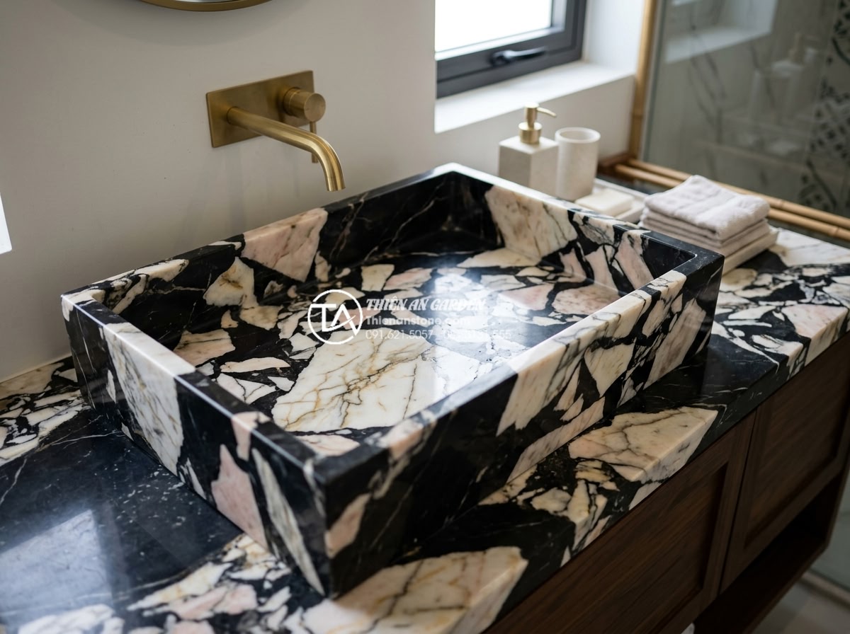 Cách Phối Màu Bàn Đá Lavabo Đen Và Trắng Trong Không Gian Hiện Đại - Close-up view of contrasting black and white natural stone lavabo sink tops in a